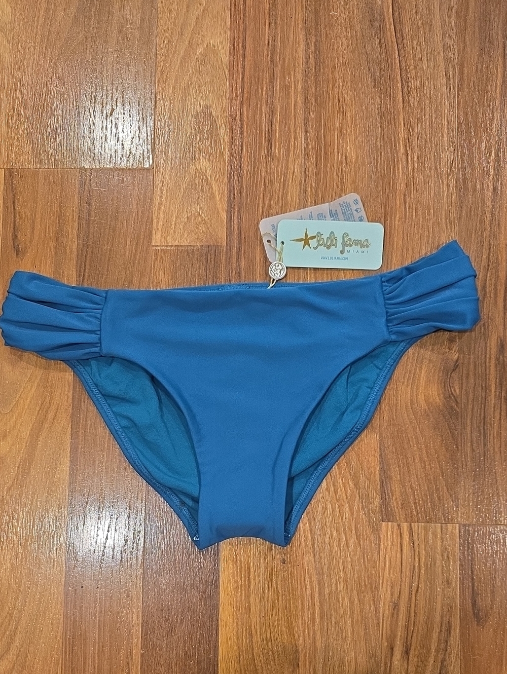 NWT Luli Fama Teal Bikini Bottom with Ruched Side Bands Size Large